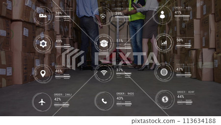 Image of icons with data processing over diverse workers in warehouse 113634188