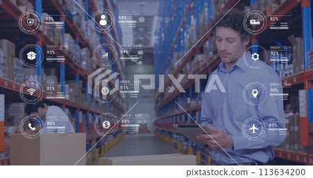 Image of icons with data processing over caucasian male worker using tablet in warehouse 113634200