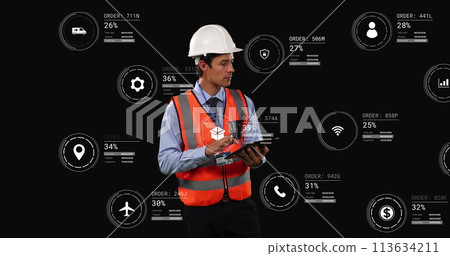 Image of icons with data processing over caucasian male worker using tablet Image of icons with data processing over caucasian male worker using tablet 113634211