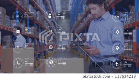 Image of icons with data processing over caucasian male worker using tablet in warehouse 113634219