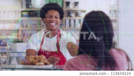 Image of data processing over diverse shop assistant and customer shopping Image of data processing over diverse shop assistant and customer shopping 113634224