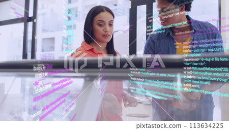 Image of data processing over diverse couple shopping Image of data processing over diverse couple shopping 113634225