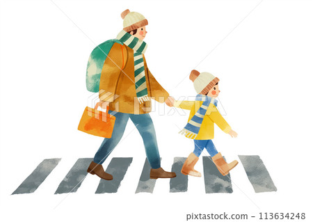 穿過人行橫道的父母和孩子 113634248