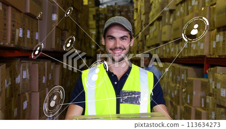 Image of network of conncetions with icons over caucasian male worker warehouse Image of network of conncetions with icons over caucasian male worker warehouse 113634273