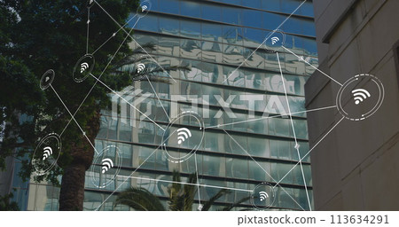 Image of network of conncetions with icons over modern building Image of network of conncetions with icons over modern building 113634291