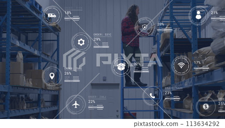 Image of icons with data processing over caucasian male worker in warehouse Image of icons with data processing over caucasian male worker in warehouse 113634292