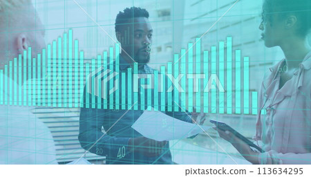 Image of data processing over diverse business people in office 113634295