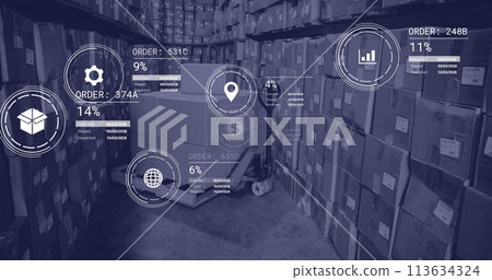 Image of icons with data processing over warehouse 113634324