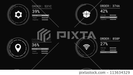 Image of icons with data processing on black background Image of icons with data processing on black background 113634329