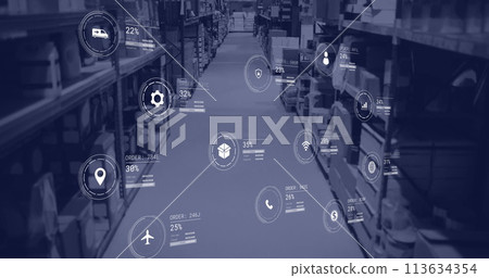 Image of icons with data processing over warehouse Image of icons with data processing over warehouse 113634354