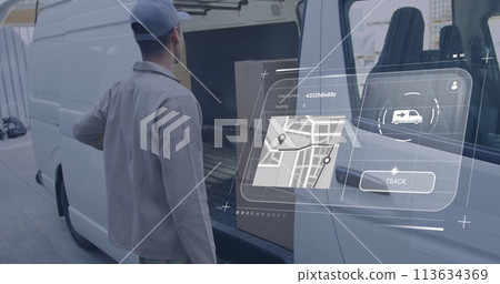 Image of digital interface with map and data processing over caucasian delivery man Image of digital interface with map and data processing over caucasian delivery man 113634369