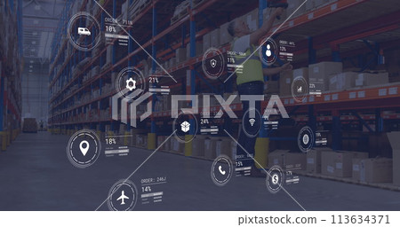 Image of icons with data processing over caucasian male worker in warehouse 113634371