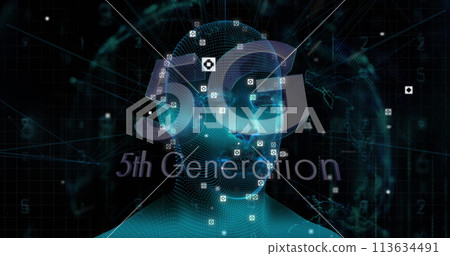 A digital human face represents 5G technology, with copy space 113634491