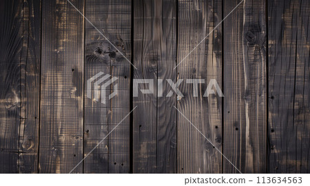 High quality photo capturing the rich textures of charcoal-stained wooden planks with weathered patterns, perfect for adding a vintage and rustic atmosphere to any design project 113634563