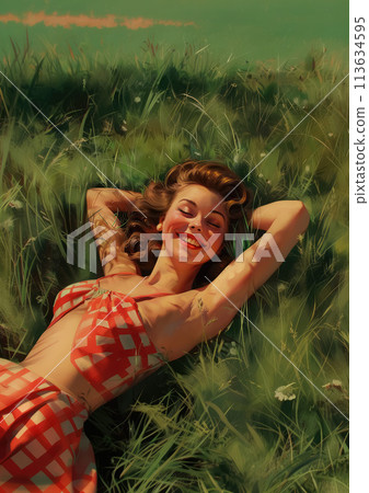 Relaxed woman in red checkered dress lying on grass, sunlit, high quality vintage illustration 113634595