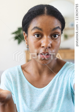 Young biracial woman looks surprised at home on a video call 113634785