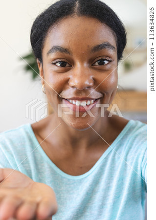 Young biracial woman smiling at the camera on a video call 113634826