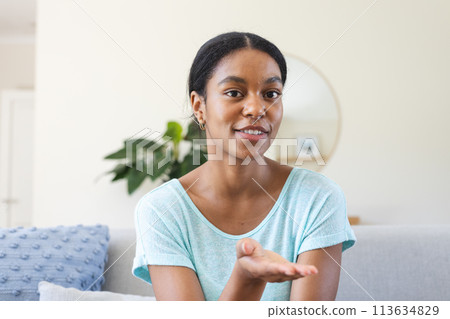 Young biracial woman gestures while sitting in a home setting on a video call 113634829
