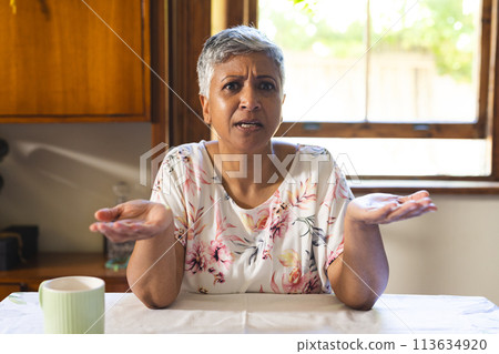 A mature biracial woman looks puzzled at home on a video call A mature biracial woman looks puzzled at home on a video call 113634920