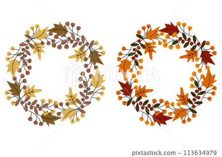 Circle frames of leaves and twigs in trendy autumn shades Set of 2 Copy space Template for lettering Circle frames of leaves and twigs in trendy autumn shades Set of 2 Copy space Template for lettering 113634979
