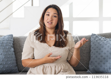 Young biracial woman sits comfortably at home on a couch on a video call Young biracial woman sits comfortably at home on a couch on a video call 113635118