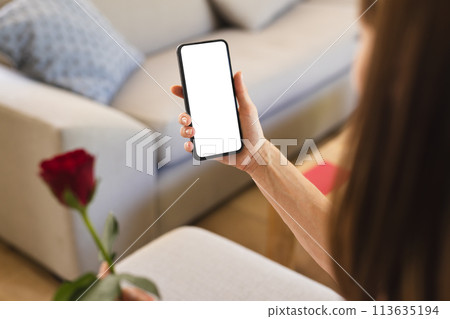A young Caucasian woman is holding a smartphone with a blank screen, with copy space, and a red rose 113635194