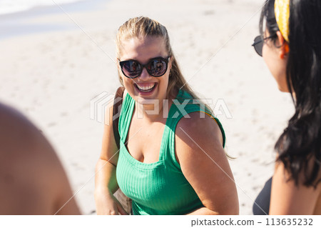 Young Caucasian woman enjoys a sunny beach day with friends 113635232