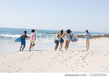 Diverse friends, a group of young adults, head to the surf at a sunny beach, with copy space Diverse friends, a group of young adults, head to the surf at a sunny beach, with copy space 113635234