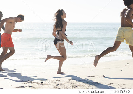Diverse friends enjoy a lively run on the beach Diverse friends enjoy a lively run on the beach 113635250