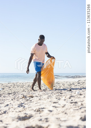Young African American man collects trash on a sunny beach 113635266