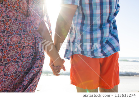 Caucasian couple holding hands on the beach 113635274