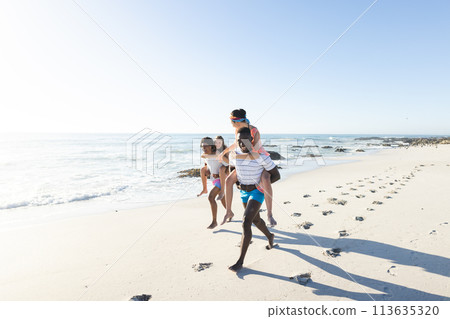 African American man gives a piggyback ride on the beach 113635320