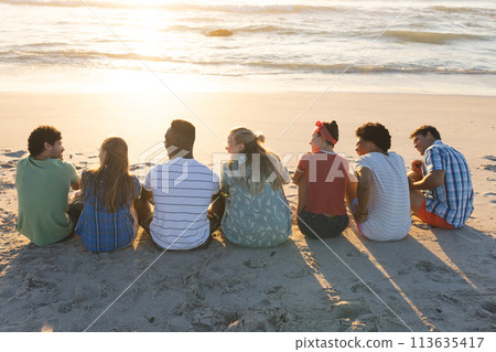 Diverse group of friends enjoy a sunset on the beach Diverse group of friends enjoy a sunset on the beach 113635417