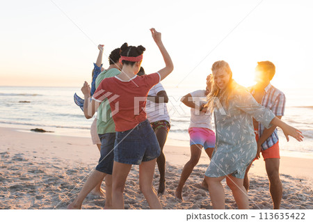 Diverse group of friends dance on the beach at sunset Diverse group of friends dance on the beach at sunset 113635422
