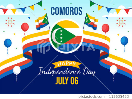 Happy Comoros Independence Day Vector Illustration on 6 July with Comorian Waving Flag in National Holiday Flat Cartoon Background Design Happy Comoros Independence Day Vector Illustration on 6 July with Comorian Waving Flag in National Holiday Flat Cartoon Background Design 113635433