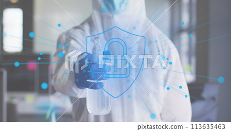 Image of digital padlock over man wearing safety suit and disinfecting office Image of digital padlock over man wearing safety suit and disinfecting office 113635463