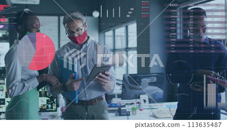 Image of financial data processing over diverse business people with face masks talking 113635487