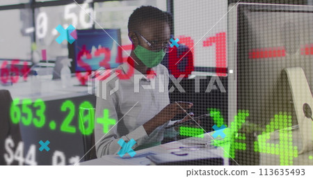 Image of financial data processing over businesswoman with face mask using computer in office Image of financial data processing over businesswoman with face mask using computer in office 113635493