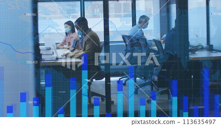 Image of financial data processing over diverse business people with face masks in office 113635497