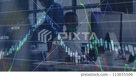 Image of financial data processing over businesswoman with face mask using computer in office Image of financial data processing over businesswoman with face mask using computer in office 113635506