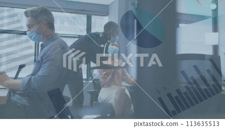 Image of financial data processing over business people with face masks talking in office 113635513