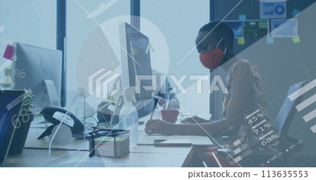 Image of financial data processing over businesswoman with face mask using laptop in office Image of financial data processing over businesswoman with face mask using laptop in office 113635553