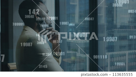 Image of financial data processing over businessman with face mask thinking in office Image of financial data processing over businessman with face mask thinking in office 113635555