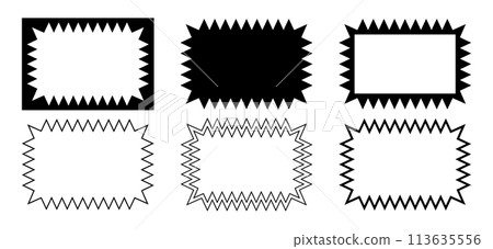 Set of picture or mirror rectangle frames with zigzag borders. Rectangulr shapes with jagged edges isolated on white background. Text box, sticker, tag templates. Vector graphic illustration Set of picture or mirror rectangle frames with zigzag borders. Rectangulr shapes with jagged edges isolated on white background. Text box, sticker, tag templates. Vector graphic illustration 113635556