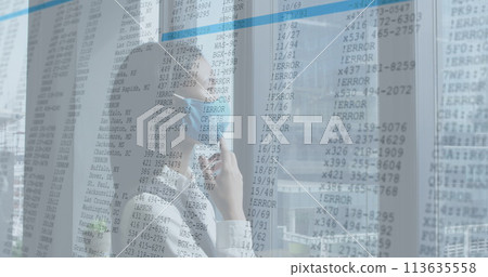 Image of financial data processing over asian businesswoman thinking with face mask in office Image of financial data processing over asian businesswoman thinking with face mask in office 113635558
