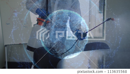 Image of globe spinning over man wearing safety suit and disinfecting office Image of globe spinning over man wearing safety suit and disinfecting office 113635568