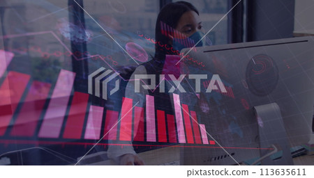 Image of financial data processing over businesswoman with face mask using computer in office Image of financial data processing over businesswoman with face mask using computer in office 113635611