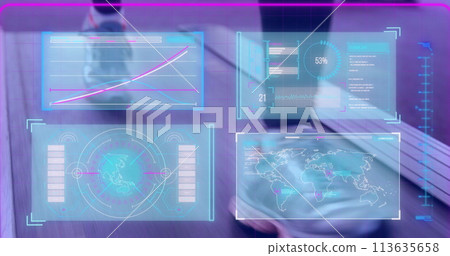 Image of interface processing data over athlete walking on treadmill Image of interface processing data over athlete walking on treadmill 113635658