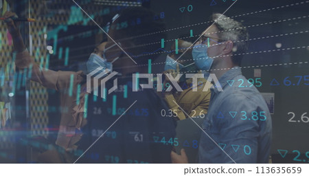 Image of financial data processing over diverse business people with face masks taking notes Image of financial data processing over diverse business people with face masks taking notes 113635659
