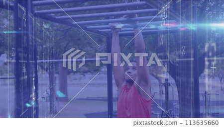 Image of lights and data processing over male athlete exercising on monkey bars outdoors Image of lights and data processing over male athlete exercising on monkey bars outdoors 113635660